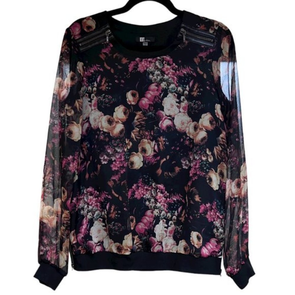 Women's Kut from the Kloth Black Floral‎ Zippered Top S